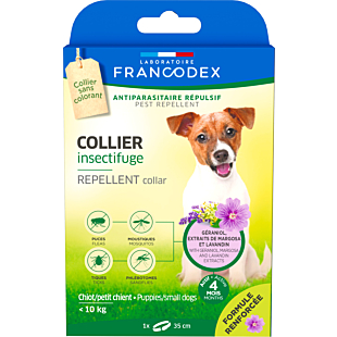 Ошейник Laboratorie Francodex Repellent Collar с репеллентным действием от блох и клещей для щенков и собак малых пород (весом 45201 кг) с гераниолом, 35 см