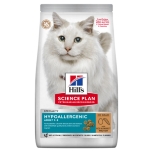Сухой корм Hill's Science Plan Adult Hypoallergenic для взрослых кошек, беззерновой с чувствительностью к определенным компонентам пищи, с яичным белком и протеином насекомых.